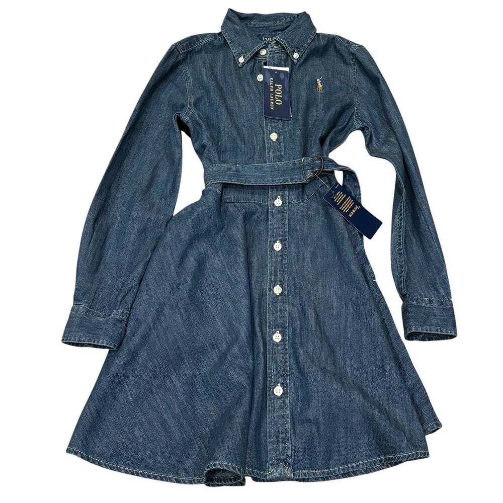 Girls Polo Ralph Lauren Denim Long Sleeve Belted Shirtdress Pockets Size 8 NWT
